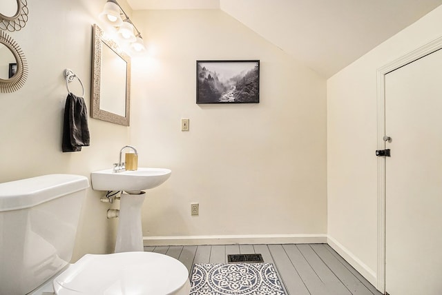 147 Hester Gap Rd, Cleveland, GA 30528 - bathroom with toilet, lofted ceiling, baseboards, wood finished floors, and a sink