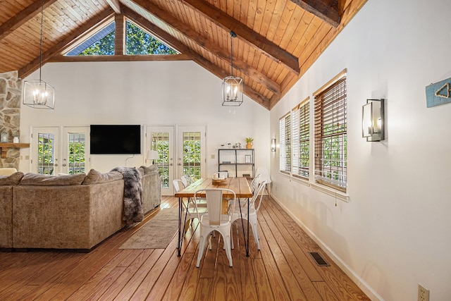 147 Hester Gap Rd, Cleveland, GA 30528 - dining room with french doors, a chandelier, wood-type flooring, high vaulted ceiling, and wood ceiling with exposed beams