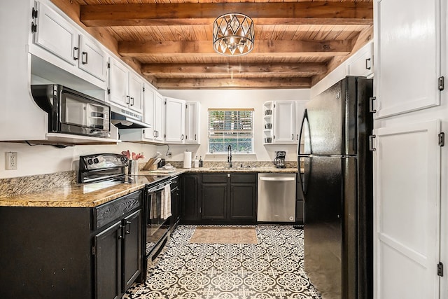 147 Hester Gap Rd, Cleveland, GA 30528 - kitchen featuring black appliances, wooden ceiling with exposed beams, white cabinetry, a sink, and dark cabinets
