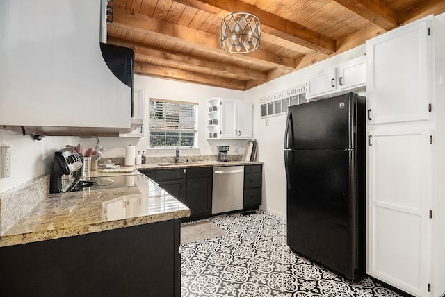 147 Hester Gap Rd, Cleveland, GA 30528 - kitchen featuring freestanding refrigerator, wooden ceiling with exposed beams, dishwasher, a sink, and open shelves