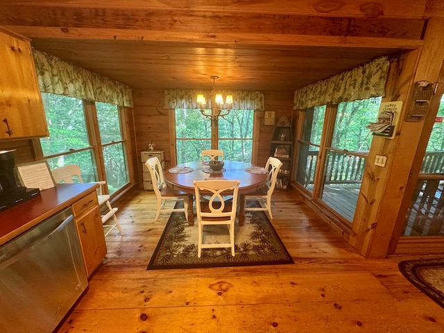 135 Tomahawk Trl, Blue Ridge, GA 30513 - dining room featuring wooden ceiling, a chandelier, light wood-style floors, and wood walls