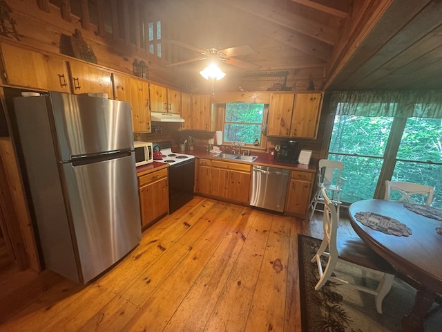 135 Tomahawk Trl, Blue Ridge, GA 30513 - kitchen with appliances with stainless steel finishes, a sink, under cabinet range hood, light wood-style floors, and a ceiling fan