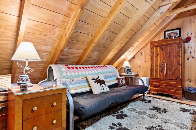 bedroom with wood ceiling, wooden walls, and lofted ceiling with beams