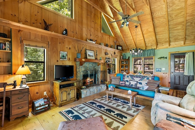 living room with beam ceiling, light hardwood / wood-style flooring, and wood walls