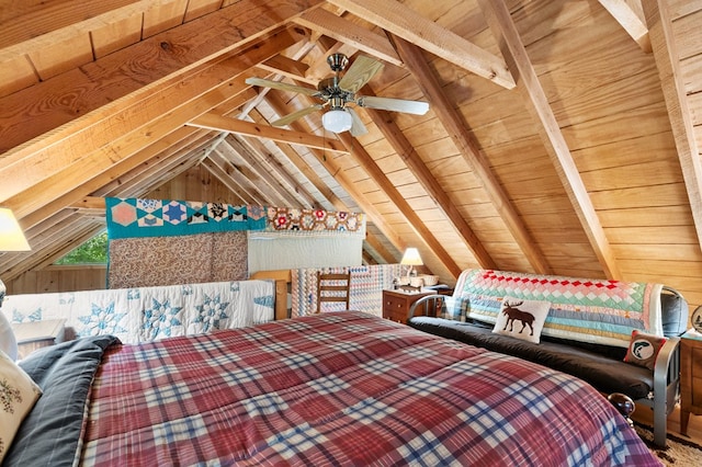 bedroom with wood ceiling, ceiling fan, wooden walls, and lofted ceiling with beams