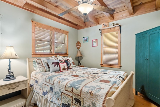 bedroom featuring wood ceiling, ceiling fan, and beam ceiling