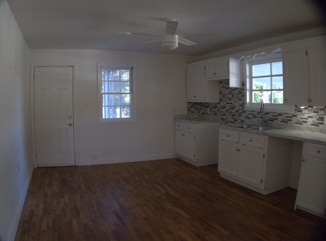 kitchen with backsplash, dark hardwood / wood-style flooring, white cabinetry, and sink