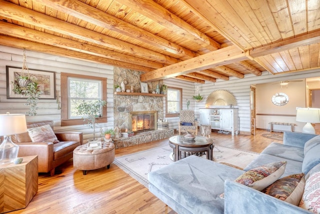 living room featuring beamed ceiling, wooden ceiling, and rustic walls