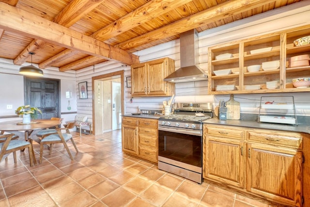 kitchen featuring wood ceiling, stainless steel range, wall chimney range hood, beamed ceiling, and hanging light fixtures