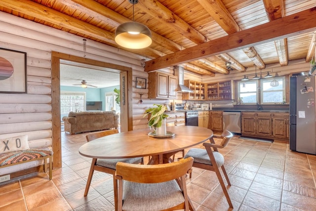 dining space with beam ceiling, log walls, and wooden ceiling