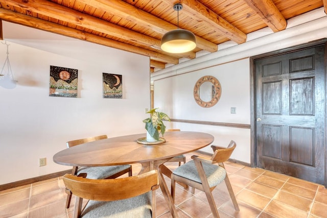 dining space with beamed ceiling, tile patterned flooring, and wood ceiling