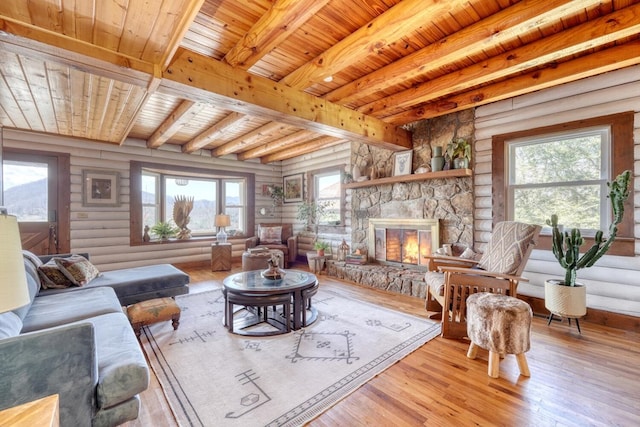 living room featuring a fireplace, hardwood / wood-style flooring, rustic walls, and wooden ceiling