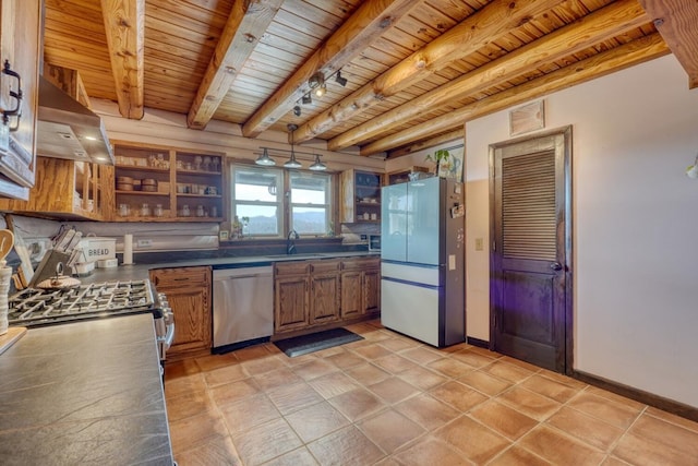 kitchen featuring wall chimney exhaust hood, beam ceiling, wood ceiling, and appliances with stainless steel finishes