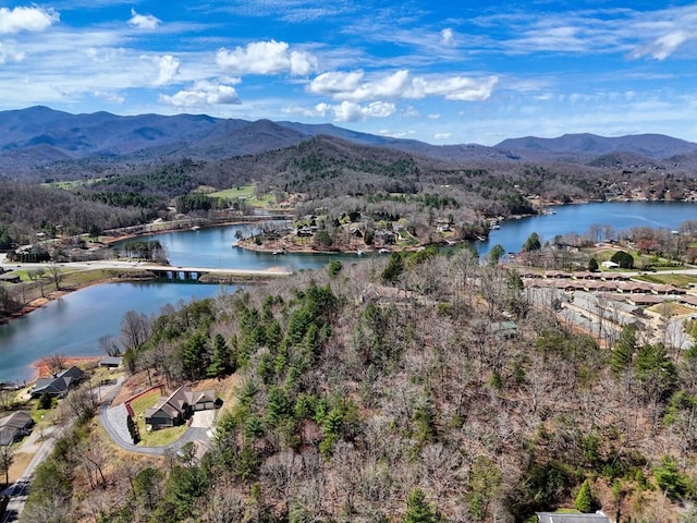 bird's eye view featuring a water and mountain view