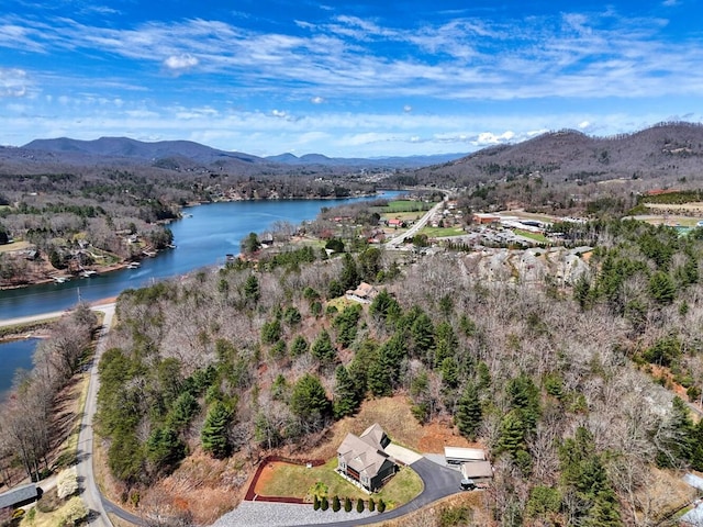 drone / aerial view with a water and mountain view