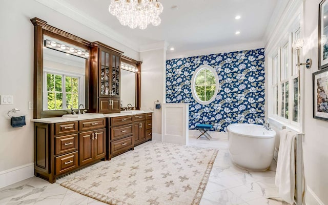 bathroom featuring an inviting chandelier, ornamental molding, and tile flooring