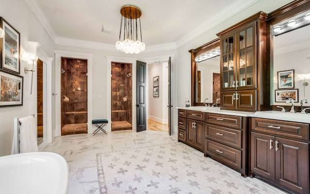 bathroom with a notable chandelier, ornamental molding, and independent shower and bath