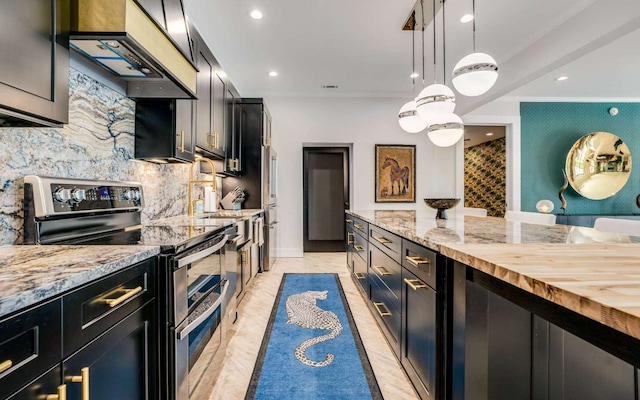 kitchen featuring crown molding, hanging light fixtures, backsplash, stainless steel electric range oven, and premium range hood