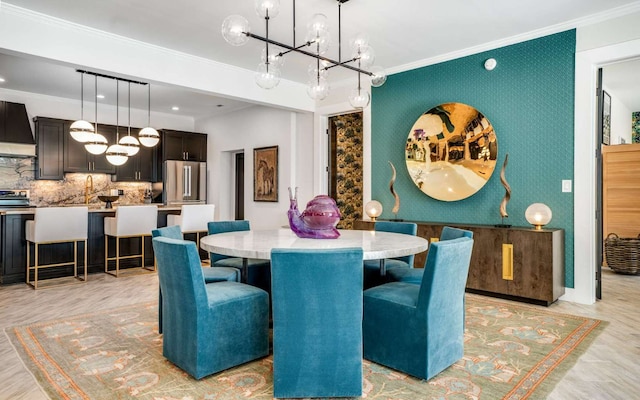 dining area featuring a notable chandelier and ornamental molding