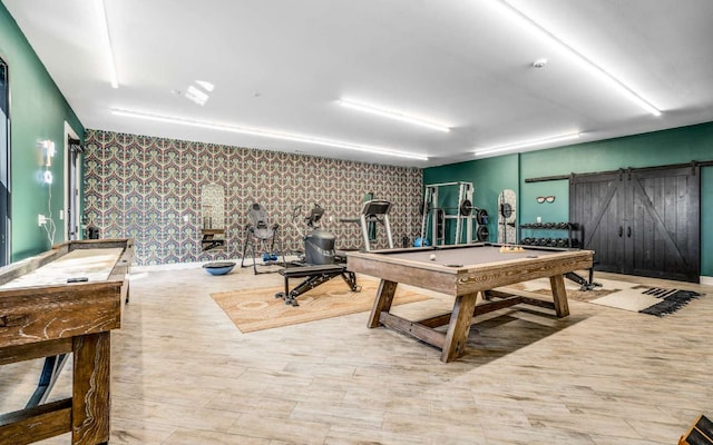 playroom featuring a barn door and billiards