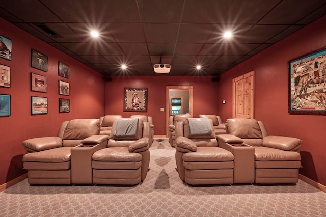 cinema featuring recessed lighting, carpet flooring, visible vents, and baseboards