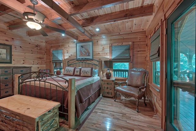 bedroom featuring wood walls, wood ceiling, light wood finished floors, and beam ceiling