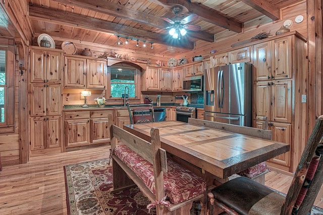 dining area featuring light wood-type flooring, wooden ceiling, wooden walls, and beam ceiling