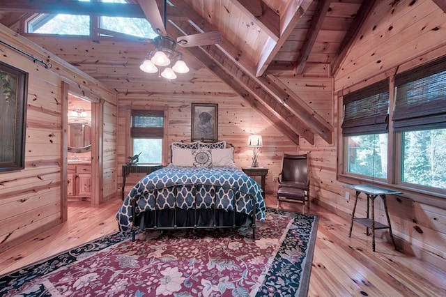 bedroom with vaulted ceiling with beams, wood finished floors, wood ceiling, and wooden walls