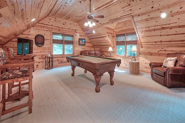 game room with a healthy amount of sunlight, light carpet, vaulted ceiling, and wooden walls