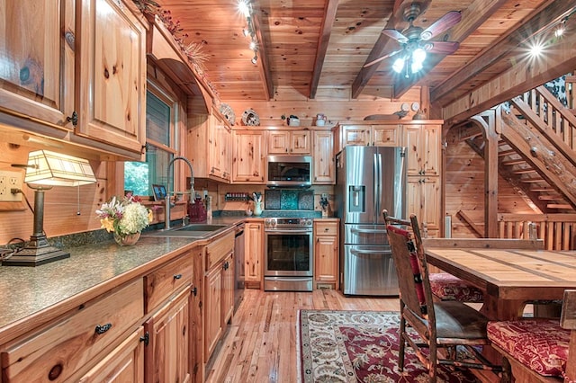 kitchen with stainless steel appliances, wood walls, a sink, wood ceiling, and light wood-type flooring