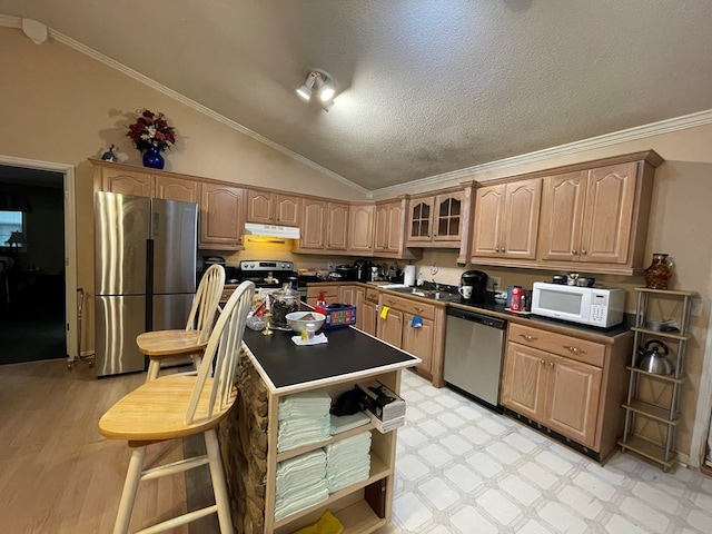 kitchen featuring dark countertops, lofted ceiling, light floors, stainless steel appliances, and under cabinet range hood