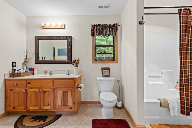 full bathroom featuring toilet, vanity, shower / bathtub combination with curtain, and tile patterned flooring