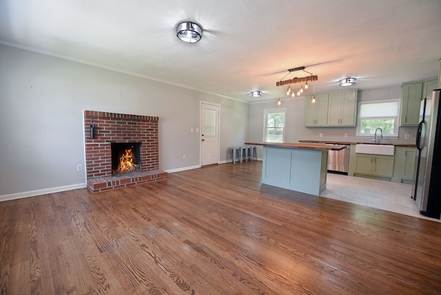 kitchen with sink, hanging light fixtures, green cabinets, light hardwood / wood-style floors, and stainless steel appliances