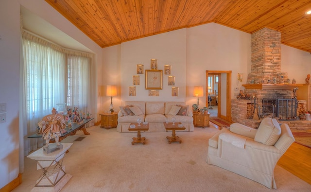 641/638 Timberwood Hills Rd, Murphy, NC 28906 - living area featuring carpet flooring, a fireplace, wooden ceiling, and vaulted ceiling