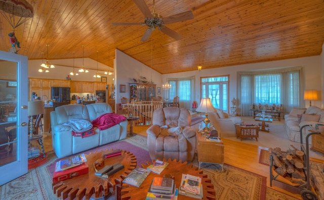 641/638 Timberwood Hills Rd, Murphy, NC 28906 - living room with wooden ceiling, ceiling fan with notable chandelier, high vaulted ceiling, and wood finished floors