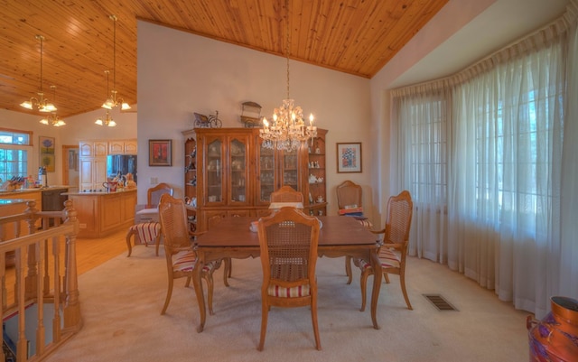 641/638 Timberwood Hills Rd, Murphy, NC 28906 - dining room with an inviting chandelier, wooden ceiling, visible vents, and high vaulted ceiling