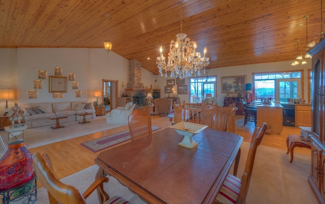 641/638 Timberwood Hills Rd, Murphy, NC 28906 - dining space featuring wood ceiling, a chandelier, a fireplace, and light wood-type flooring