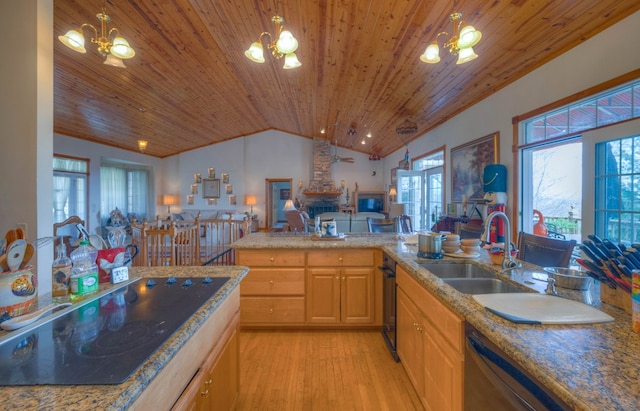 641/638 Timberwood Hills Rd, Murphy, NC 28906 - kitchen featuring a sink, vaulted ceiling, open floor plan, black electric cooktop, and a notable chandelier