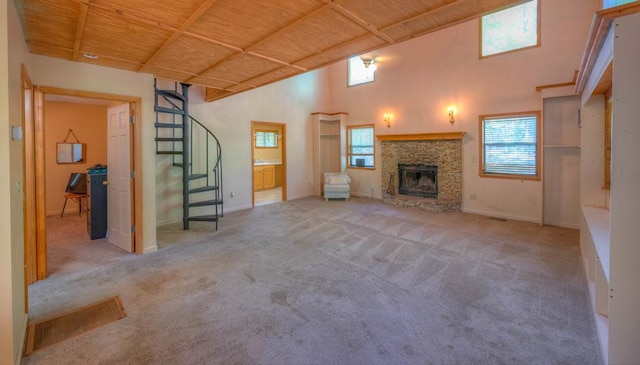 641/638 Timberwood Hills Rd, Murphy, NC 28906 - unfurnished living room featuring wooden ceiling, plenty of natural light, carpet floors, and stairs