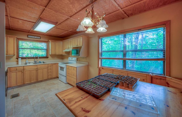 641/638 Timberwood Hills Rd, Murphy, NC 28906 - kitchen with a sink, white range with electric cooktop, a notable chandelier, decorative light fixtures, and light countertops