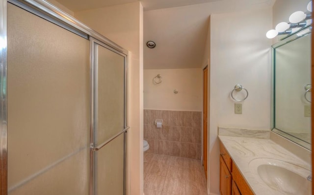641/638 Timberwood Hills Rd, Murphy, NC 28906 - bathroom with toilet, tile walls, tile patterned flooring, a shower stall, and vanity