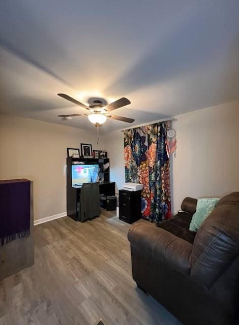 living room with ceiling fan and hardwood / wood-style floors