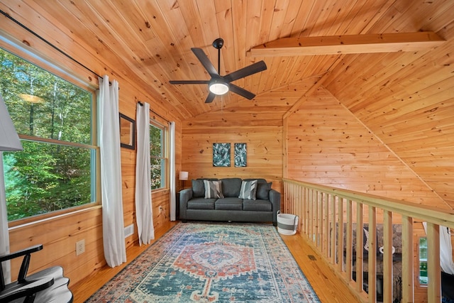 sitting room featuring lofted ceiling with beams, wood walls, wood-type flooring, and wood ceiling