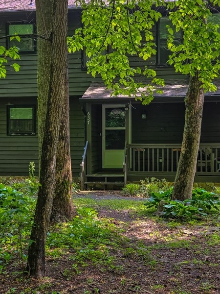 view of exterior entry with a porch