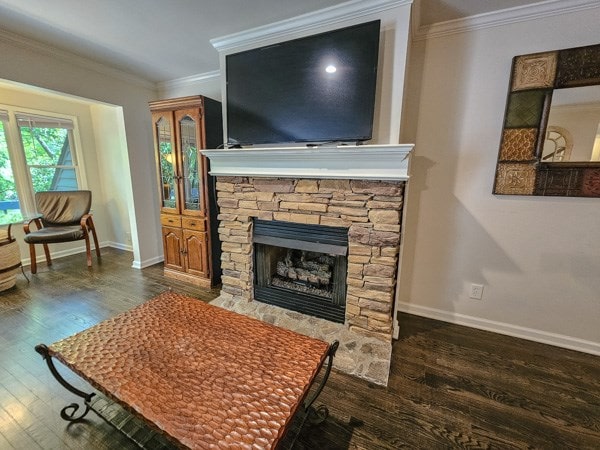 living area with baseboards, a stone fireplace, ornamental molding, and wood finished floors