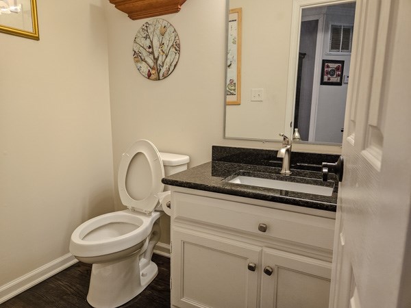 half bath with baseboards, vanity, toilet, and wood finished floors