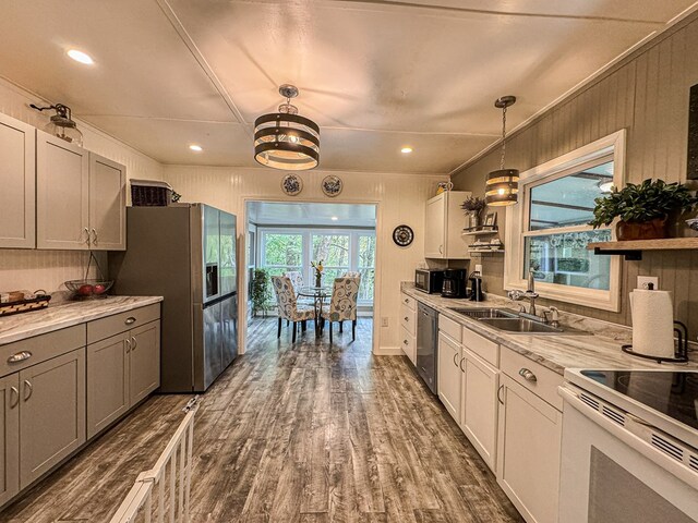 390 Pinebark Ln, Murphy, NC 28906 - kitchen featuring stainless steel appliances, dark wood-type flooring, light countertops, gray cabinetry, and pendant lighting