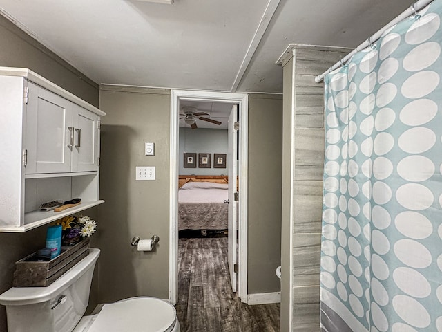 390 Pinebark Ln, Murphy, NC 28906 - ensuite bathroom with toilet, wood finished floors, curtained shower, and ceiling fan