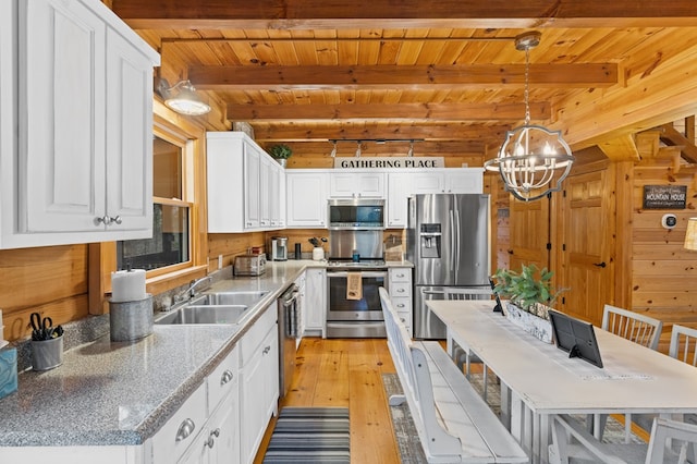 kitchen with appliances with stainless steel finishes, wooden ceiling, an inviting chandelier, white cabinets, and a sink