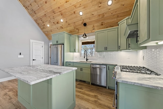 kitchen featuring a sink, wooden ceiling, stainless steel appliances, and green cabinetry